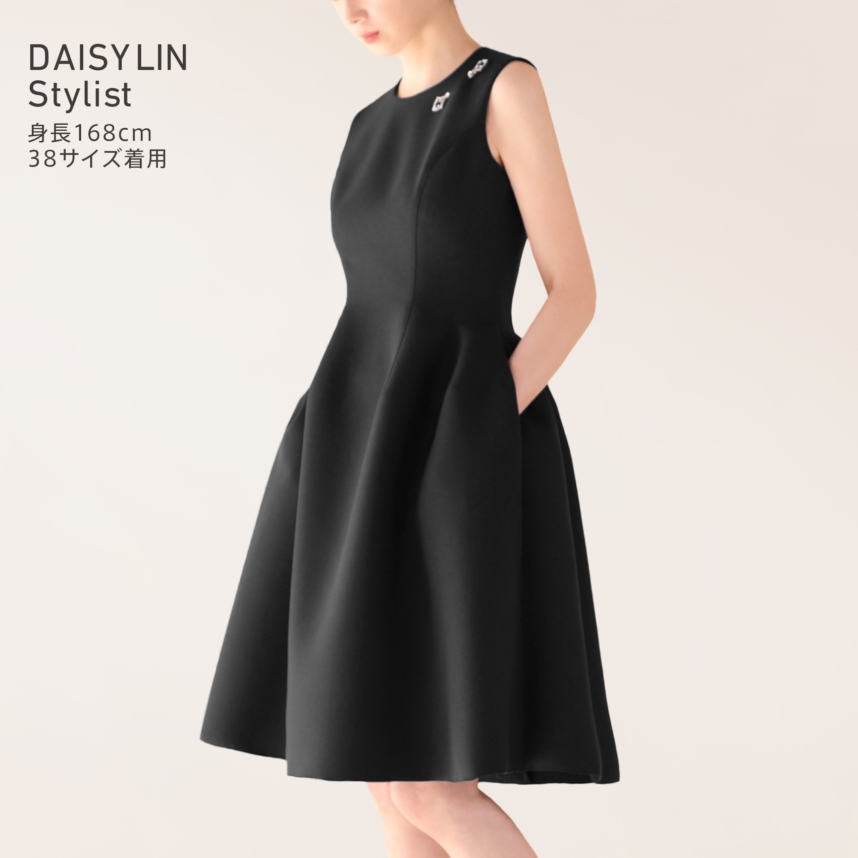 【訳あり】  42サイズ新品未使用 Dress Black x Beige LIN DAISY ひざ丈ワンピース