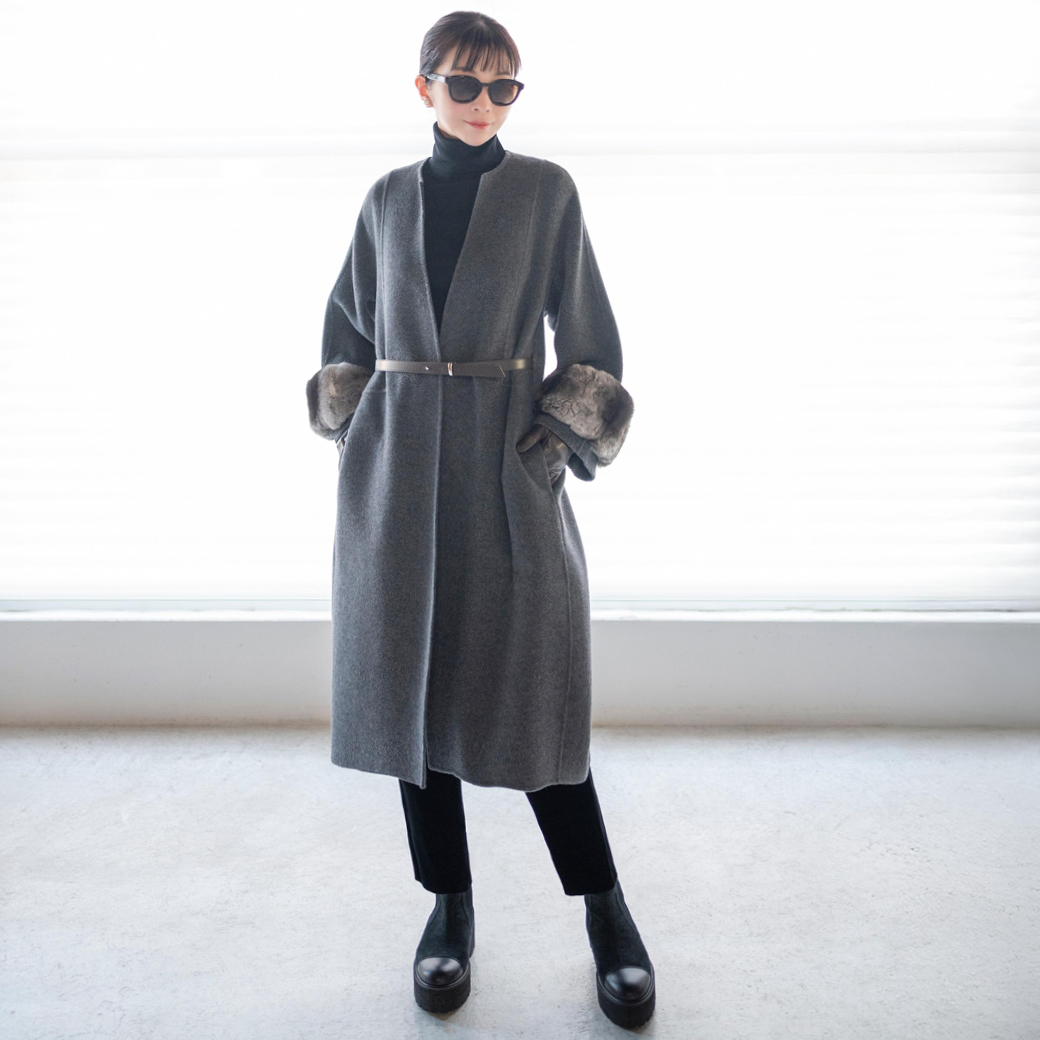 Chinchilla Fur Cuffs & Double Face”Super Light Cocoon” ベルト付き