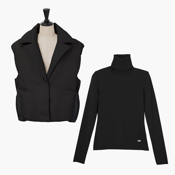 Down Vest "Feather Luxe" (Black Black) & Washable Audrey High Neck (Black Black)
