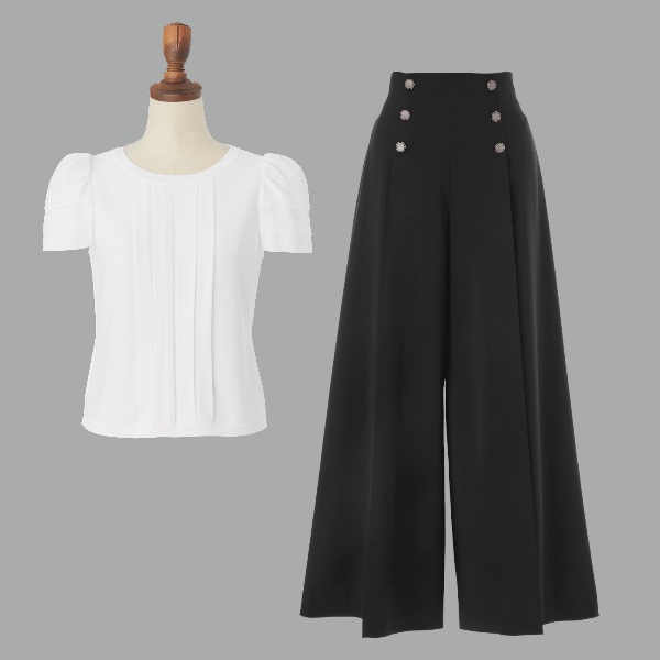 Knit Top “Millefeuille Puff” (White) & Sailor Pants (Black)