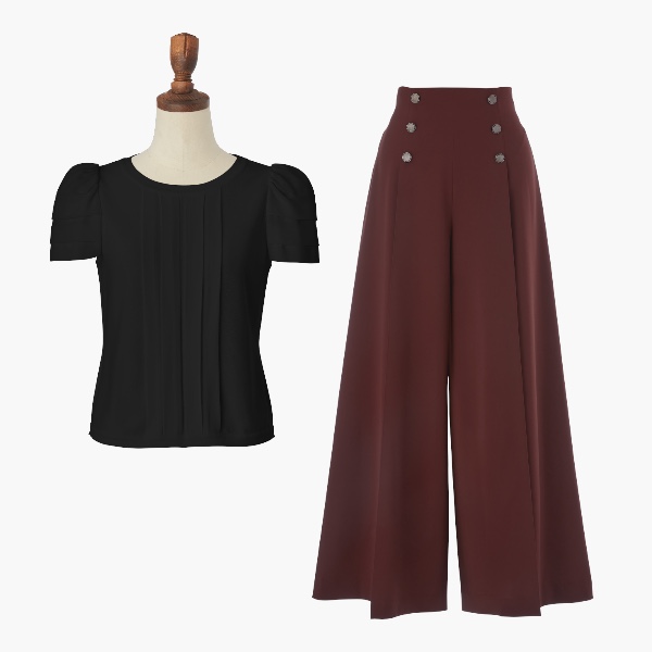 Knit Top “Millefeuille Puff” (Black Black) & Sailor Pants (Burgundy)