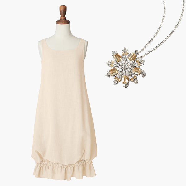Dress "DAISY TRAVEL Slim Perfect" (Peach Beige) & Power Stone Brooch & Necklace (Champagne Apricot)