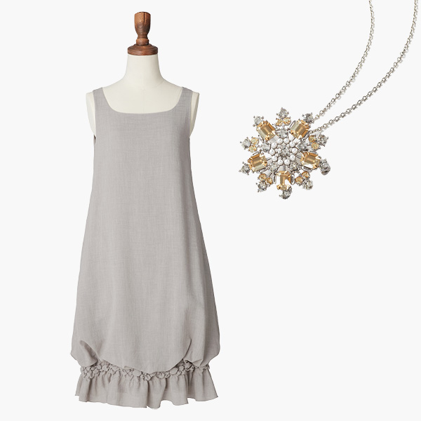 Dress "DAISY TRAVEL Slim Perfect" (Daisy Beige) & Power Stone Brooch & Necklace (Champagne Apricot)