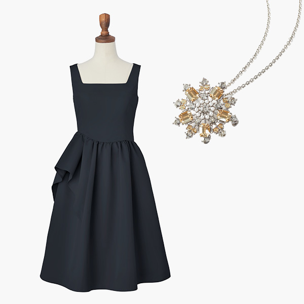 Dress "Princess Flare" (Midnight Blue) & Power Stone Brooch & Necklace (Champagne Apricot)
