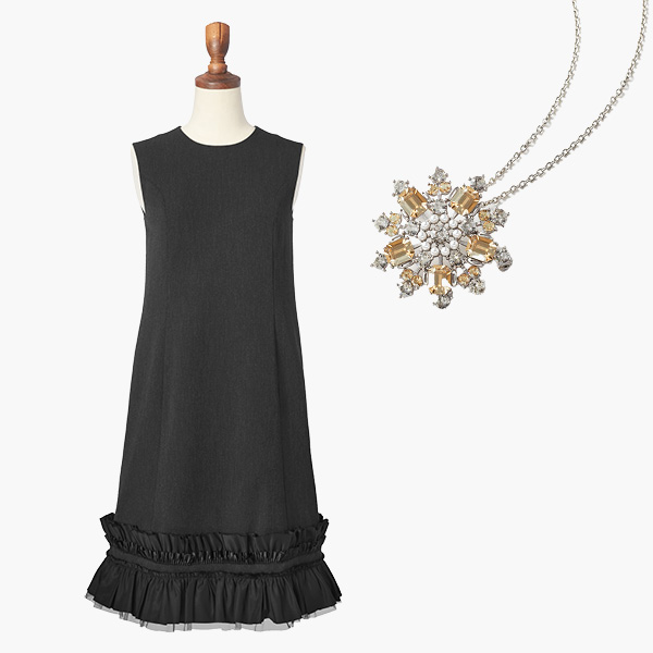Dress "High-end Tank" (Rich Gray) & Power Stone Brooch & Necklace (Champagne Apricot)