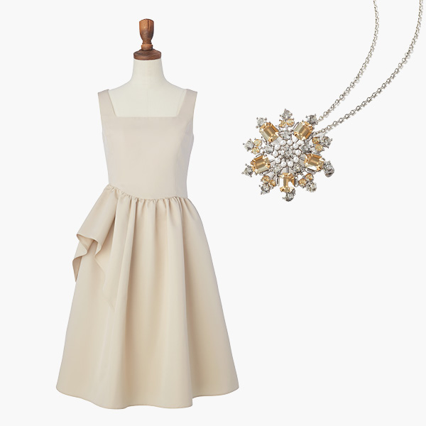 Dress "Princess Flare" (Antique Beige) & Power Stone Brooch & Necklace (Champagne Apricot)