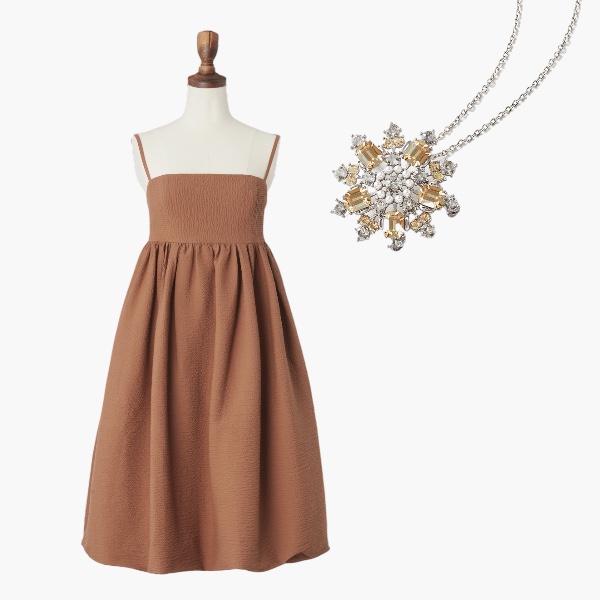 Dress "Elegant Resort" (Antique Brown) &  Power Stone Brooch & Necklace (Champagne Apricot)