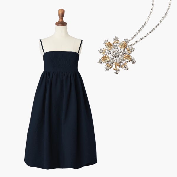 Dress "Elegant Resort" (Navy) &  Power Stone Brooch & Necklace (Champagne Apricot)