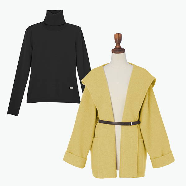 Double Face “Super Light Sailor” ベルト付き (Soft Yellow)& Washable Audrey High Neck (Black Black)