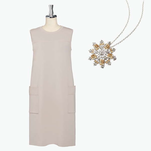 Knit Dress "Noble Lady Tank" (Powder Beige)＆Power Stone Brooch & Necklace (Champagne Apricot)