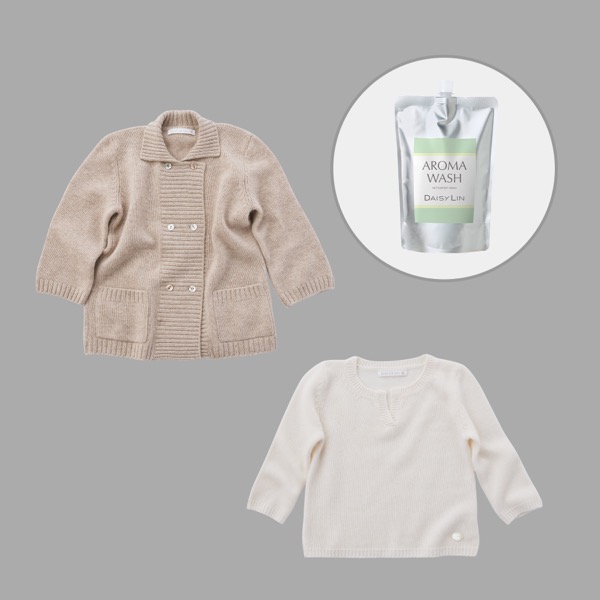 DAISY LIN BABY カシミヤニットジャケット (Cinnamon) & カシミヤプルオーバー (White) & DAISY LIN AROMA WASH Ⅱ 1L 詰替用